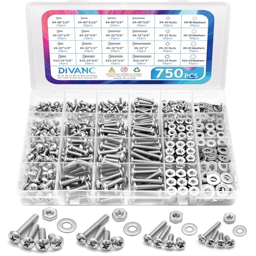 750Pcs Nuts and Bolts Assortment Kit, 10-24#8-32#6-32#4-40 Phillips Pan Head Assortment Stainless Steel Bolts Nuts Flat Washers Nuts Bolts, Hardware Assortment Kit (Phillips Pan Head)