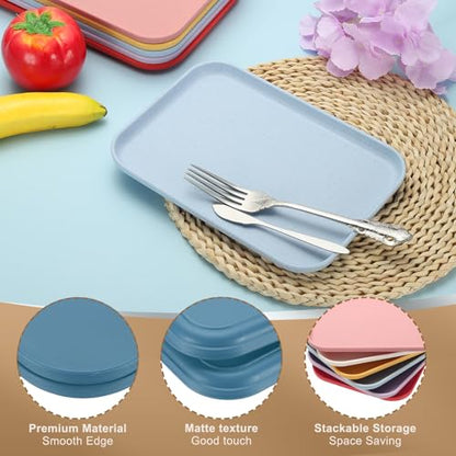 PATIKIL 15x10.6 Plastic Tray, 2 Pack Rectangular Plates Food Tray Wheat Plates Dishes Reusable Dessert Plate Trays with Cloth for Cake Fruits Salad Cupcake Steak Serving Dark Blue - color: Dark Blue, size: L(15"x10.6")