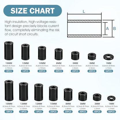 395 Pack Black Nylon Spacers Kit, Applicable to Standoff for PCB Motherboard, Circuit Board, Electrical Screws Switch and Receptacle Non-Threaded Round Plastic Spacers (Black)
