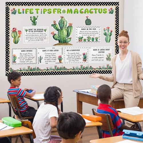 party greeting Cactus Bulletin Board Set Motivational Classroom Decorations Greenery Succulent Paper Cutouts Plant Bulletin Board Border for Back to School Wall Door Decor Class Must Have Supplies - style: Cactus Bulletin Board