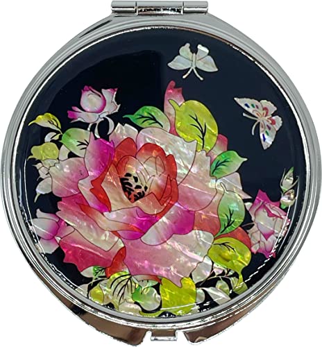 Portable Makeup Compact Double Magnifying Mirror Cosmestic Foldable Pocket Style Unique Mother of Pearl Design (Rose) - color: Rose
