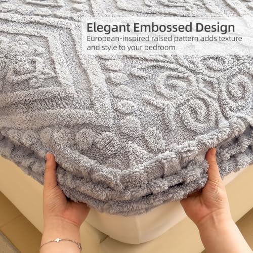 European Damask Embossed Plush Fitted Sheet,King,Light Gray,80x78inch - color: Light Gray, size: King(80"x78")