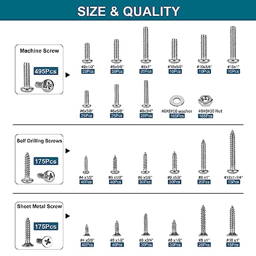 SATANTECH 845pcs Nuts and Bolts Assortment kit,Stainless Steel Bolts and Nuts kit, Assorted Screws #6-32#8-32#10-24 SAE Machine Screws and Nuts with Self Drilling Screws - color: Machine Screws + Self Drilling Screws