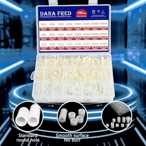 795Pcs Nylon Round Spacer Non-Threaded Plastic Standoff Hardware Assortment Kit White Nylon Spacer Washers for Protect Accessories On Circuit Boards Od 7mm Id 3/4/5mm Length 4/5/6/8/10/15/18/20/25mm
