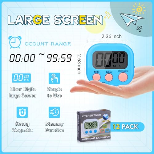 Mwellewm Digital Timers for Classroom Kids Kitchen Timers for Cooking 12 Pc - color: Pink, Blue, Green, Orange