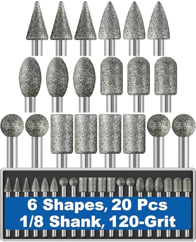20Pcs 120-Grit Diamond Grinder Bit 1/8" Shank Compatible with Dremel Rotary Tool Attachment Accessories Grinding Burrs for Stone Glass Resin Porcelain Ceramic Quartz Glaze Steel Carve Engrave Polish