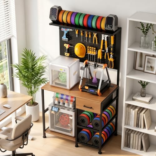 3D Printer Stand with Filament Storage Workstation and Drawer - color: Black+Brown