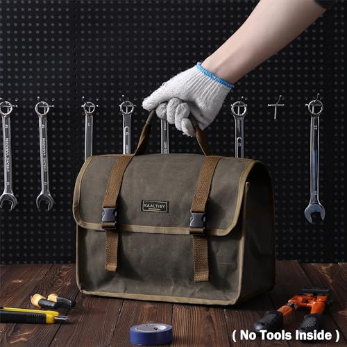 Canvas Tool Storage Bag - Portable Garden Tool Carrying Case with 3 Pockets + 2 Release Buckles, Multi-Purpose 16OZ Waxed Canvas Tool Tote Bag | 11.5"L x 6"W x 7.5"H | Grey - color: Grey