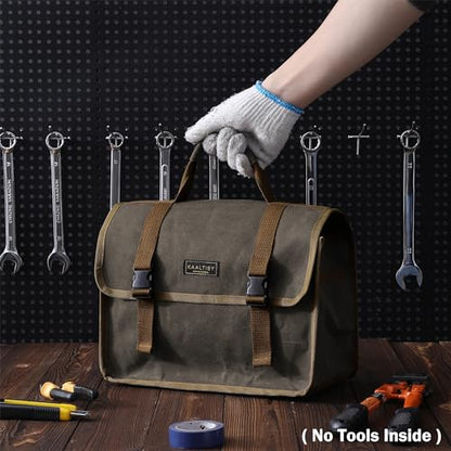 Canvas Tool Storage Bag - Portable Garden Tool Carrying Case with 3 Pockets + 2 Release Buckles, Multi-Purpose 16OZ Waxed Canvas Tool Tote Bag | 11.5"L x 6"W x 7.5"H | Grey - color: Grey