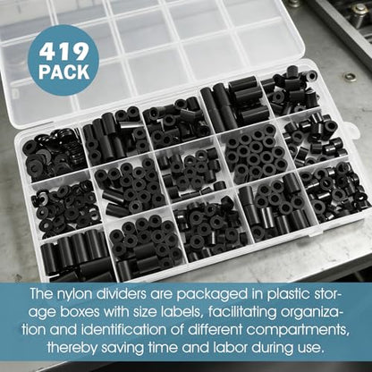 395 Pack Black Nylon Spacers Kit, Applicable to Standoff for PCB Motherboard, Circuit Board, Electrical Screws Switch and Receptacle Non-Threaded Round Plastic Spacers (Black)