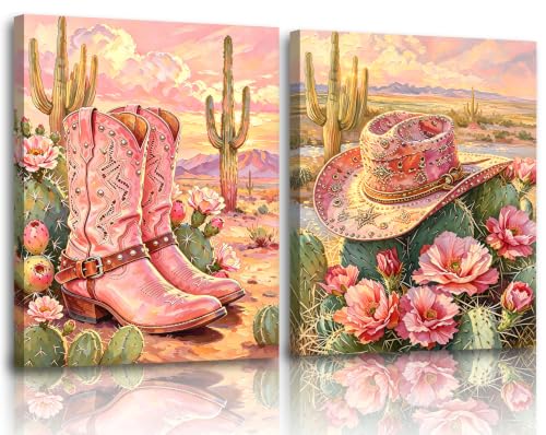 ZOIYINO Floral Cowgirl Boots Wall Art,Pink Cowgirl Hat Desert Wall Art - color: Pink Cowgirl Hat Desert Wall Art