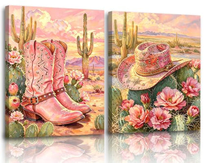 ZOIYINO Floral Cowgirl Boots Wall Art,Pink Cowgirl Hat Desert Wall Art - color: Pink Cowgirl Hat Desert Wall Art