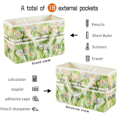 Craft Organizer Tote Bag with Multiple Pockets,Green Leaves Tulips - color: Green Leaves Tulips