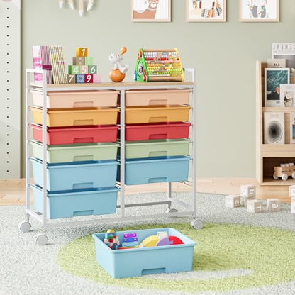 TOOLF 12 Drawers Rolling Storage Cart with Wooden Top for Classroom,Rainbow - color: Rainbow