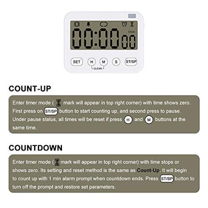 Stonylab 2pk Digital Timer Clock, 2 Pack Premium Multi-Function Digital Clock Countdown Timer Kitchen Event Timer with Alarm, Magnetic Back Big Digits Display Vibration/Flashlight/Sound Alarm