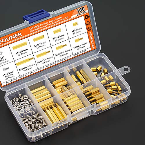 HELIFOUNER 160 Pieces M3 Male Female Hex Brass Spacer Standoff Screw Nut Assortment Kit - size: M3 Brass Standoff Kit
