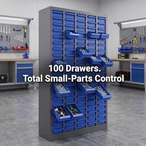 Plastic Drawer 100 Drawer Parts Cabinet, Small Parts Organizer with 100 Drawers, Industrial Tool Storage Cabinet for Garage, Workshop, Factory, Office
