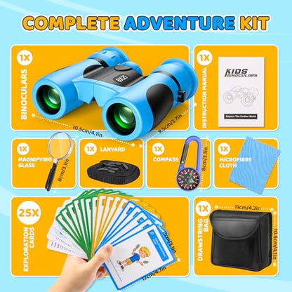 8x21 Kids Binoculars with 25 Scavenger Hunt Cards, Camping Toys for Boys Girls Ages 4-6-8-12 Outdoor Explorer Kit with Compass|Magnifying Glass, 3-12 Year Old Boy Bird Watching Hiking Birthday Gift - color: Blue