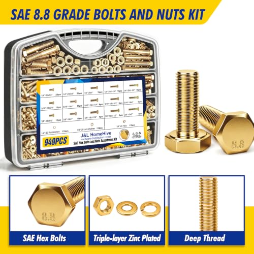 949Pcs Grade 8 Bolts and Nuts Assortment Kit, 1/4-20, 5/16-18, 3/8-16, 1/2-13 Hex SAE Assorted Bolts Nuts and Washers Kit, Hardware Nuts Sets with Case - color: GOLD-949PCS 1/4-20,5/16-18,3/8-16,1/2-13