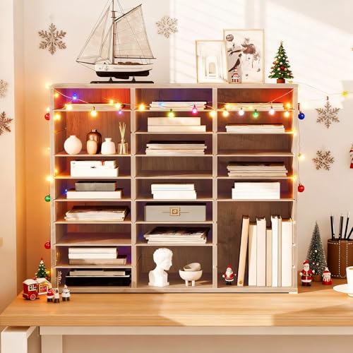 HOOBRO Literature Organizer, 27 Compartments Wooden Mail Organizer, Countertop Literature Sorter with Adjustable Shelves for Home, Office, School, Student Mailbox for Classroom, Greige BG27WF01 - color: Greige, size: 23.8"H