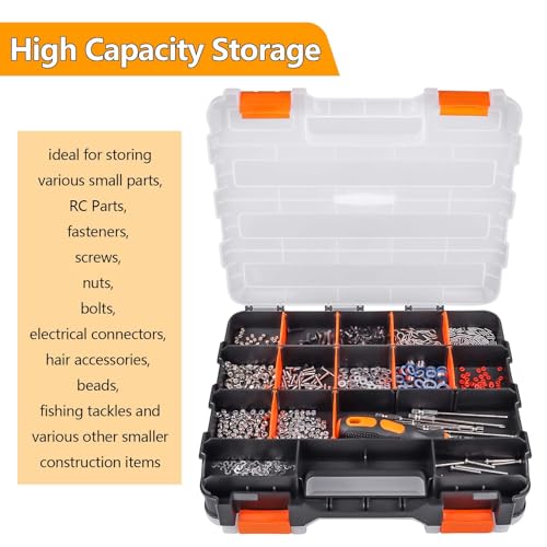 HobbyPark RC Hardware Organizer Box Adjustable Compartments Removable Dividers Durable Plastic Double Side Tools Box Screw Organizer For Nuts, Bolts, Screws, Nails, Small Parts, Tools (Pack of 2) - size: 12.75" x 10.63" x 3.15" (Pack of 2)