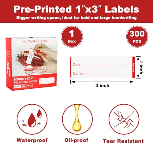 NATURALABEL 300 Removable Freezer Labels with Dispenser, 1" x 3" (Red) - color: Preprinted-red