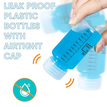 DEMORA Plastic Bottles with Airtight Caps 2oz/60ml, Food Grade Wide Mouth Liquid Containers, Reusable PP Graduated Measuring Bottles for Water Sample Lab Reagent Liquids Mixing (Clear, 4 Pcs)