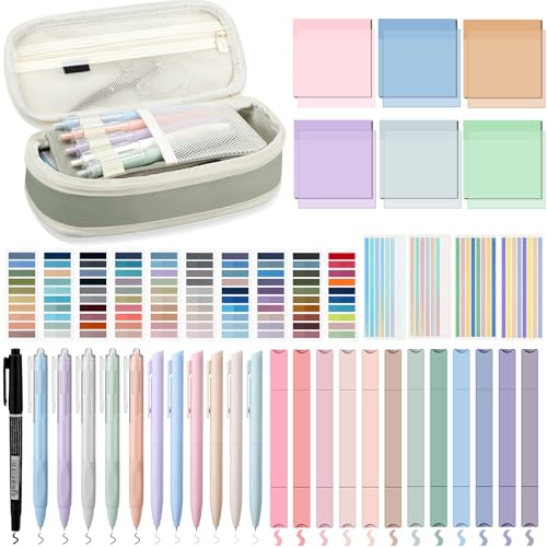 135 Pcs Book Annotation Kit with Pencil Case, 12 Pastel Highlighters, 11 Gel Pens, Fine Marker, 300 Transparent Sticky Notes, 2640 Index Tabs, Bible Study Supplies Kit(Classic,Light Green) - color: Light Green, style: Classic
