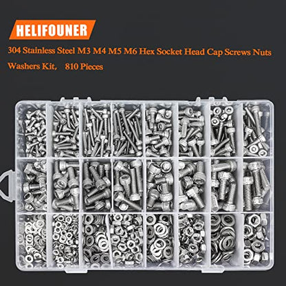 HELIFOUNER 810 Pieces M3 M4 M5 M6 304 Stainless Steel Hex Socket Cap Metric Screws Bolts Washers Nuts Hardware Assortment Kit with Hex Wrenches - size: M3 M4 M5 M6 (810 Pieces), style: Socket Head Screws