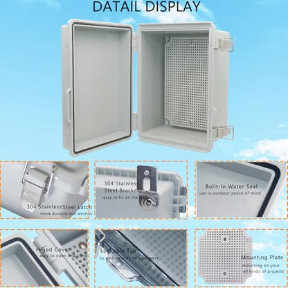 Waterproof Junction Box, ABS Plastic Electrical Box with Stainless Steel Latch, Hinged Cover Electric Project Enclosure Box with Mounting Plate, Wall Brackets & Cable Gland 8.7"x6.7"x4.3" - color: Grey, size: 8.7"x6.7"x4.3"