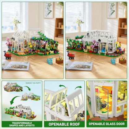 Flower House Building Set with LED Light, Botanical Greenhouse Garden Building Kit for Adults, 1185 PCS Creative Modular Flower House Playset with Fruits & Plants, Ideal Gift for Teens & Kids 8+