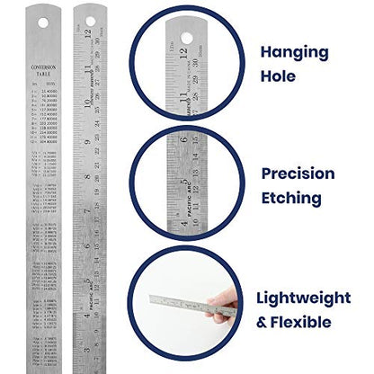 Pacific Arc 12 Inch Stainless Steel Ruler with Inch/Metric Conversion Table - style: 12 In
