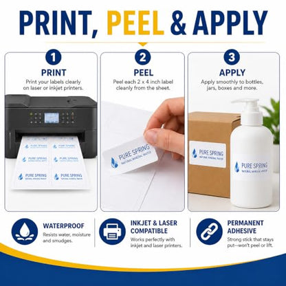 25 Sheets 2" x 4" Matte White Waterproof Printable Rectangle Bottle Labels - size: 10up-25 sheets