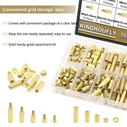 180 Pieces M4 Male Female Hex Brass Standoffs Spacers Screws Nuts Kit, Kindroufly Brass Standoffs Assortment Kit for PCB Motherboard - size: M4 Brass Standoffs