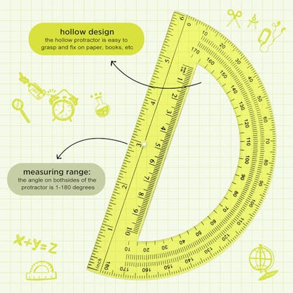 Zonon 2 Pcs 12 Inch Clear Ruler and 6 Inch Plastic Protractor Set, Yellow - color: Yellow