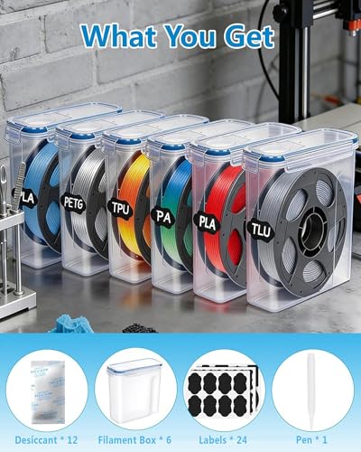 Filament Storage Box 6 Pack with Desiccants, Labels for 3D Printing
