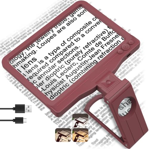 30X 6X Rechargeable Magnifying Glass for Reading, Large Full Page Magnifier with Folding Stand, 3 Color Light Modes, Dimmable LED Lighted, Hands Free Book Magnifier for Low Vision Seniors, Red - color: Red