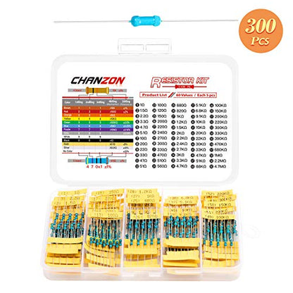 Chanzon 60 Values 1/4W Metal Film Fixed Resistor Kit 300pcs 1R-4.7M ohm - size: 1) 1/4W Kit