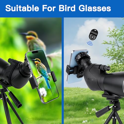 Phone Telescope Adapter 360° Rotating Digiscoping Mount for 16-50mm Eyepieces Fits Most Telescopes, Spotting Scopes & Microscopes – Adjustable Cell Phone Holder for Digiscoping （with Wireless Shutter）