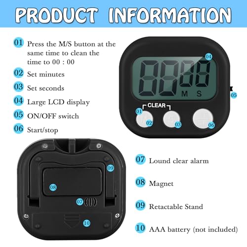 Xuhal 50 Pieces Digital Kitchen Timer Bulk, Small Magnetic Timers for Classroom, Digits Stopwatch Clock Timer for Cooking Baking Sports Games Office, Not Including Battery (Black,White) - color: Black,white