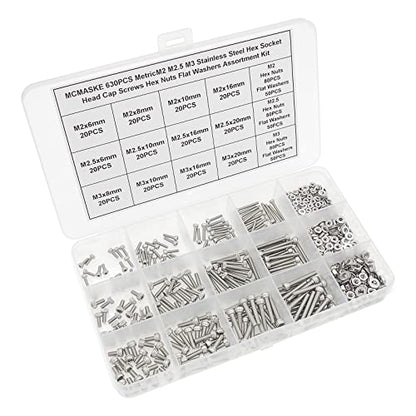 630PCS M2-M3 304 SS Knurled Socket Head Cap Screw Nut & Washer Kit - size: M2M2.5M3