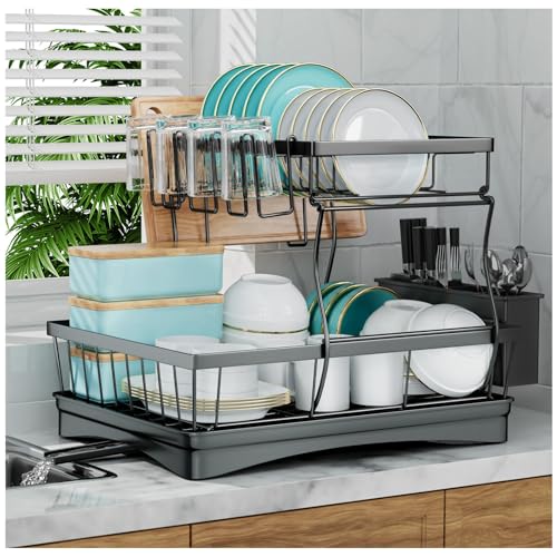 7 code 2-Tier Large Dish Drying Rack for Kitchen Counter, Black - color: Black