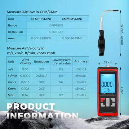 Bonvoisin Anemometer Handheld Hot Wire Air Flow Velocity Meter CFM Wind Speed Gauges with Data Output Software Telescopic Probe for in Duct HVAC, Outdoor (Thermal Anemometer)