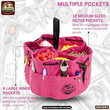 Graintex GB2885 18 Pockets Grab Bag Pink Color Rip-Stop Canvas Drawstring Closure, Small Parts Organizer Bag, Parachute for Screws, Tools, - color: Pink