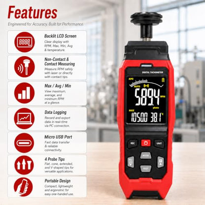 Digital Tachometer Contact & Laser RPM Meter with USB Data Logging - color: Tachometer Logger