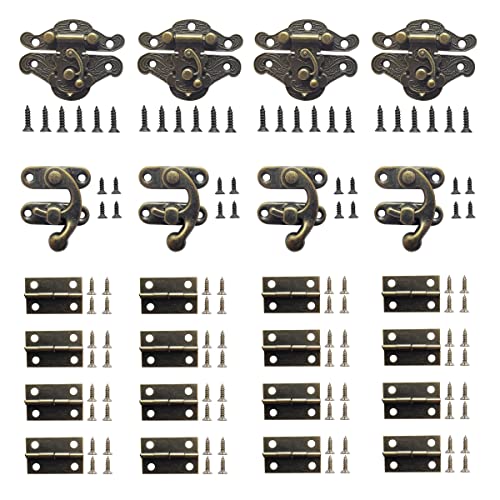 24 Sets Retro Jewelry Box Hinges and Latches Hooks, Small Latches Hinges for Wooden Boxes Hardware, Antique Cabinet Furniture Hinges Hasp Clasp - Bronze Tone (24pcs) - color: 24pcs