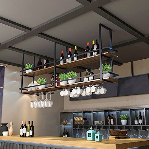 Ceiling Wine Glass Rack with Glass Holder, 47.2in 2-Tier Hanging Bar Shelf - color: Black, size: 47.2×11.8×31.4in