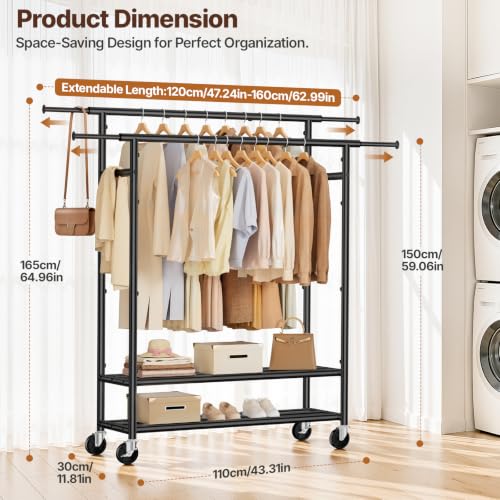 Heavy Duty Clothes Rack, Double Rod Garment Storage Organizer, Black - color: Black