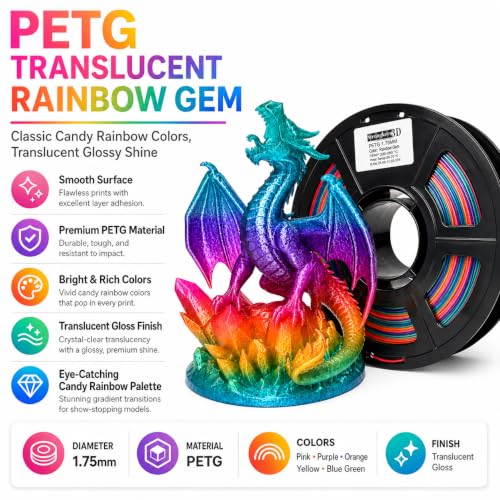 PETG 3D Printer Filament 1.75mm,Rainbow Translucent Gem,Multi Color,Fast Color Changing,1kg(2.2lbs) Accuracy +/-0.05mm - color: Petg Rainbow Gem