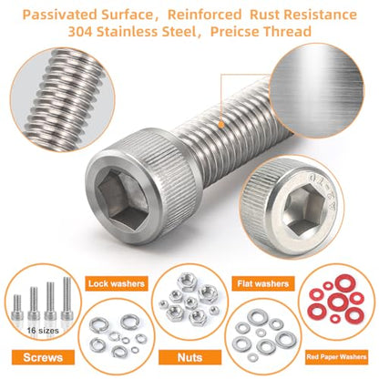 M2 M3 M4 M5 Nuts and Bolts, 304 Stainless Steel Metric Bolt Assortment (Lock & Flat Washers),Metric Screw Assortment, Socket Head Cap Screws, Metric Bolts and Nuts Assortment Kit, 1415pcs - size: M2M3M4M5, style: socket head cap